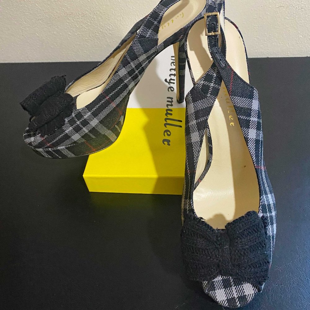 NWT Betty Muller Crompton Peeptoe Slingback, Black Plaid - Sz 41,  USA 10